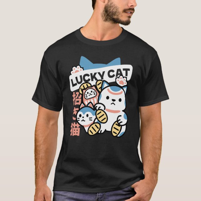 Camiseta Arte de Gato Sortudo – Maneki Neko com Moeda de Ou (Frente)