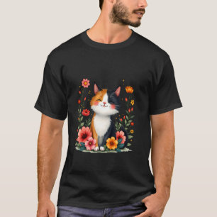 Camiseta Arte de Gato Tricolor Fofo Arte Floral Cottagecore