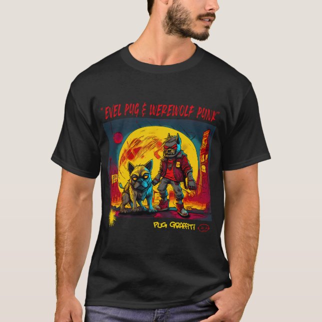 Camiseta Arte de Grafite de Pug e Lobisomem 8 (Frente)