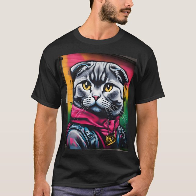 Camiseta Arte de grafite de um Gato Dourado Escocês (Frente)