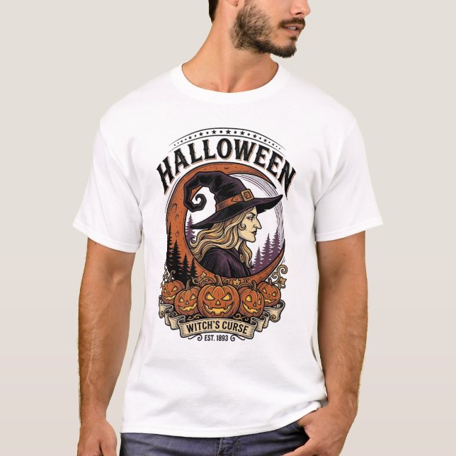 Camiseta Arte de Gravura de Lua de Abóbora de Halloween de  (Frente)
