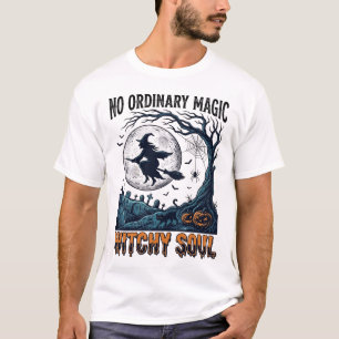 Camiseta Arte de Halloween Bruxólica Gravura Vintage Cena d