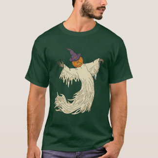 Camiseta Arte de Halloween do Fantasma de Cabeça de Abóbora