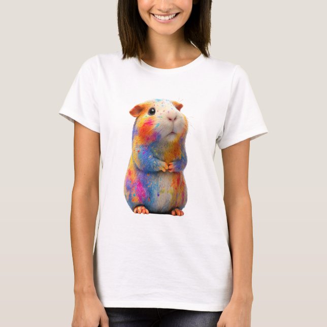Camiseta Arte de Hamster com Chuva de Cores Aquarela Mulher (Frente)