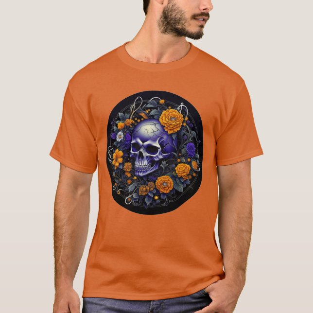 Camiseta Arte de IA de crânio e flores laranja personalizad (Frente)