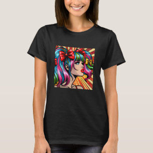 Camiseta Arte de IA de Menina de Quadrinhos Colorida de Pop