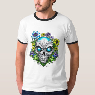 Camiseta Arte de IA de rosto alienígena e flores