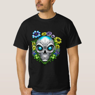 Camiseta Arte de IA de rosto alienígena e flores