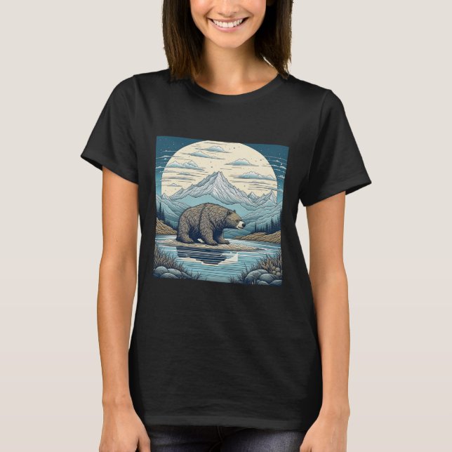 Camiseta Arte de IA Urso, Montanhas, Lago, Lua Cheia (Frente)