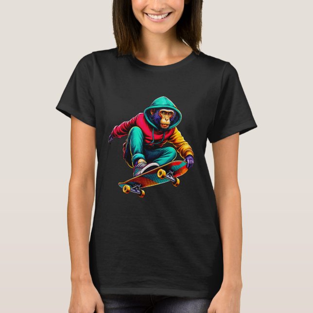 Camiseta Arte de Ilustração de Macaco Funky Patinando (Frente)