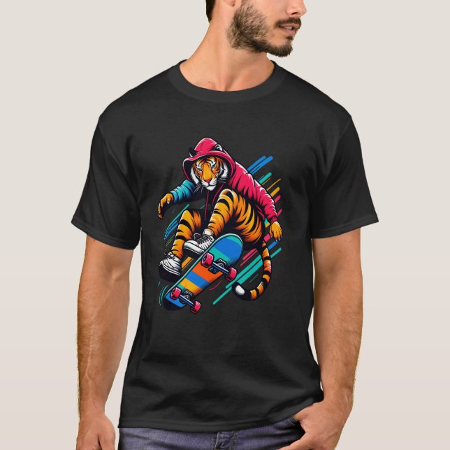 Camiseta Arte de Ilustração legal de Skate de Tigre Funky (Frente)