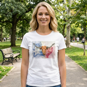 Camiseta Arte de Impressão em Aquarela de Vaca Texas Longho
