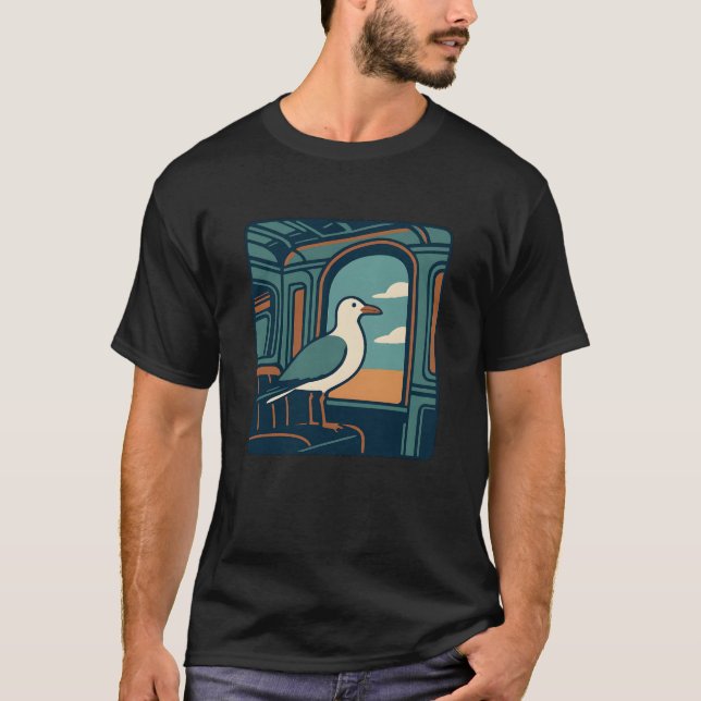 Camiseta Arte de janela de viagem retrô da gaivota (Frente)
