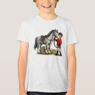 Camiseta Arte de jovem cavaleiro fofo com cavalo cinza-pomb