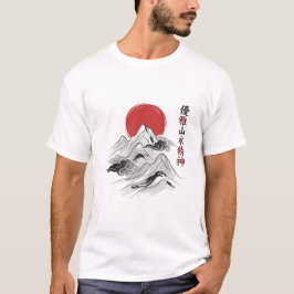Camiseta Arte de Lavagem de Tinta Vermelha da Montanha Zen 