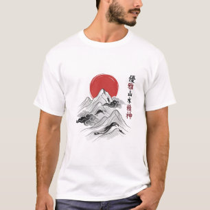 Camiseta Arte de Lavagem de Tinta Vermelha da Montanha Zen