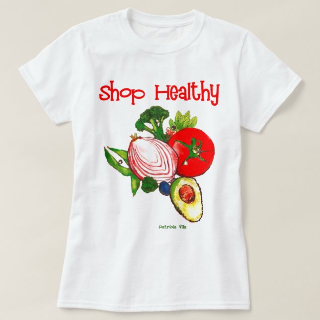 Camiseta Arte de Legumes Cores Saudáveis Loja de Textos  (Frente do Design)