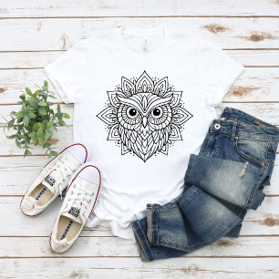 Camiseta Arte de Linha Cabeça de Coruja Mandala