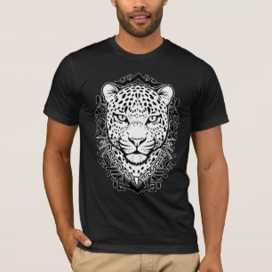 Camiseta Arte de Linha Cabeça de Leopardo Exótico Preto e B
