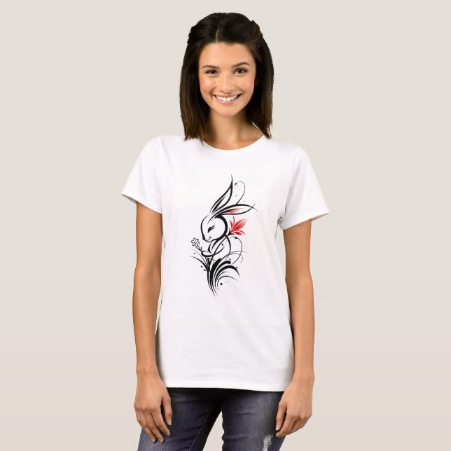 Camiseta Arte de Linha Coelho Floral (Frente Completa)