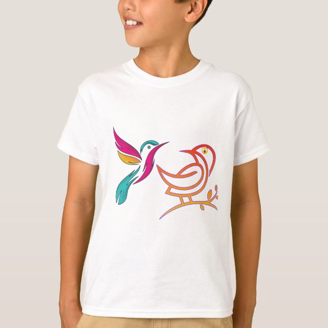 Camiseta Arte de Linha de Pássaro Colorido (Frente)