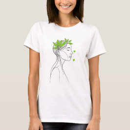 Camiseta Arte de Linha Minimalista de Mulher com Folhas Ver