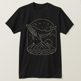 Camiseta Arte de Linha Minimalista Noite de Baleia e Montan