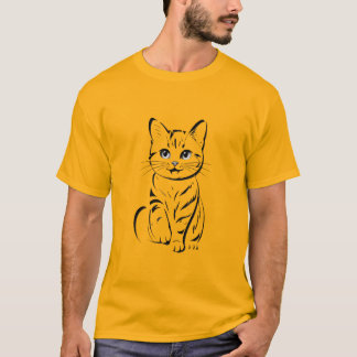 Camiseta Arte de Linha Simples de Gato Alegre Minimalista
