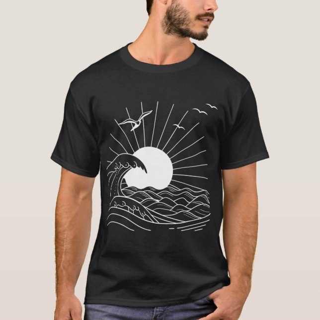 Camiseta Arte de Linha Sun e Ocean Waves (Frente)