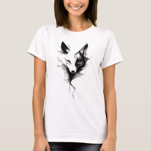 Camiseta Arte de Lobo Branco Elegante em Tinta Preta