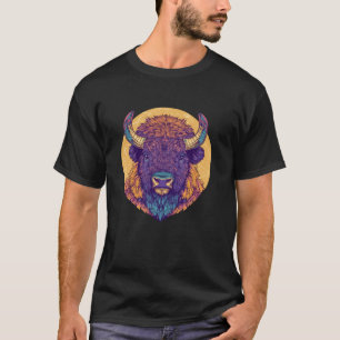 Camiseta Arte de Mandala de Cabeça de Búfalo Colorida