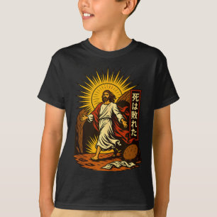 Camiseta Arte de Mangá Cristão Ressurreição de Jesus Morte