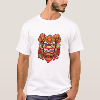 Camiseta Arte de Máscara de Leão Chinês Negrito - Ano Novo 