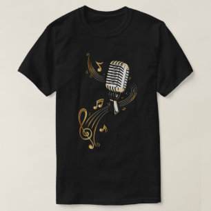 Camiseta Arte de Microfone Antigo e Notas Musicais