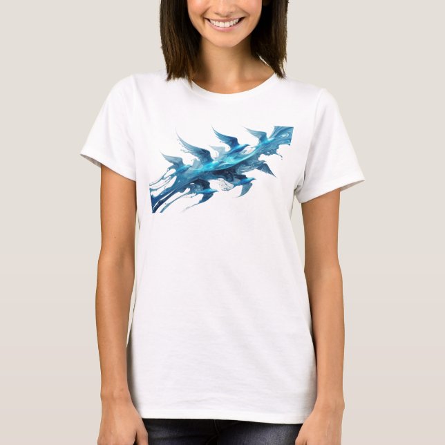 Camiseta Arte de Moda de Pássaros Abstratos Azul Clássico (Frente)