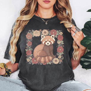 Camiseta Arte de Moldura Floral de Panda Vermelho Fofo
