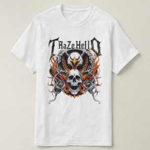 Camiseta Arte de Moto Flamejante com Caveira de Águia para