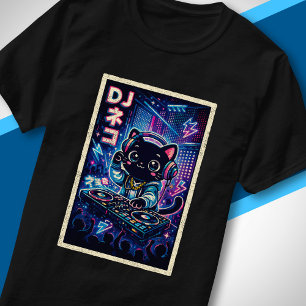 Camiseta Arte de Música Japonesa Cyberpunk Noturna Gato DJ 