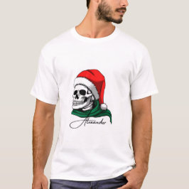 Camiseta Arte de Natal Crânio - Santa Hat & Green Scarf |