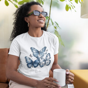 Camiseta Arte de Nome de Trio de Borboleta Azul Personaliza