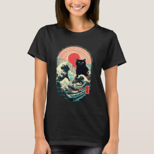 Camiseta Arte de Onda Japonesa Gato Preto Sol Retro Vintage