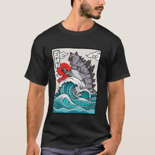 Camiseta Arte de Onda Japonesa Pôr do Sol Monstro Meme Gato