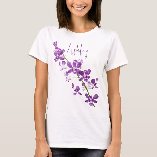Camiseta Arte de orquídea de dendrobio roxa personalizada (Frente)