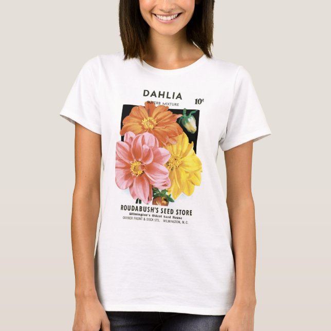Camiseta Arte de Pacote de Sementes Antigas, Flores de Jard (Frente)