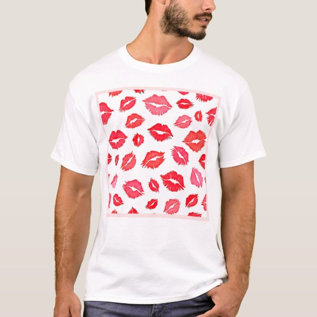 Camiseta Arte de padrão de lábios vermelho e rosa (Frente)