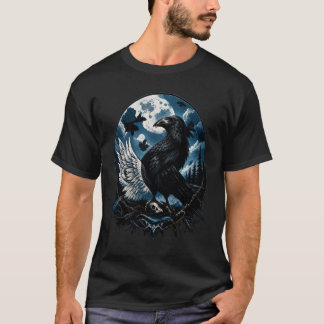 Camiseta Arte de paisagem noturna de corvo sob a lua