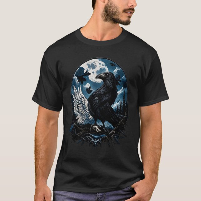 Camiseta Arte de paisagem noturna de corvo sob a lua (Frente)