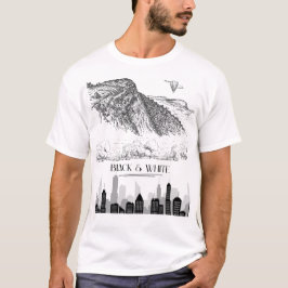 Camiseta Arte de Paisagem Urbana Monocromática de Montanha 