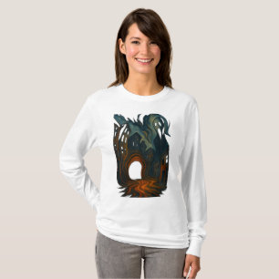 Camiseta Arte de Paisagem Urbana Sombria Surrealista com Fi