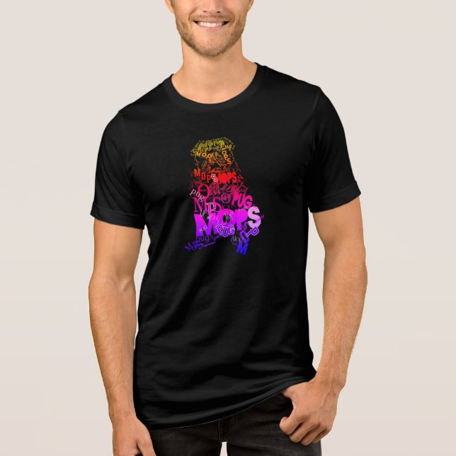 Camiseta Arte de Palavras Pug Cores Arco-íris (Frente)